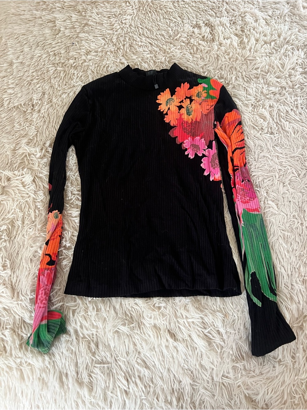Desigual Black Ribbed Long-Sleeve Top with Bright Floral Accents